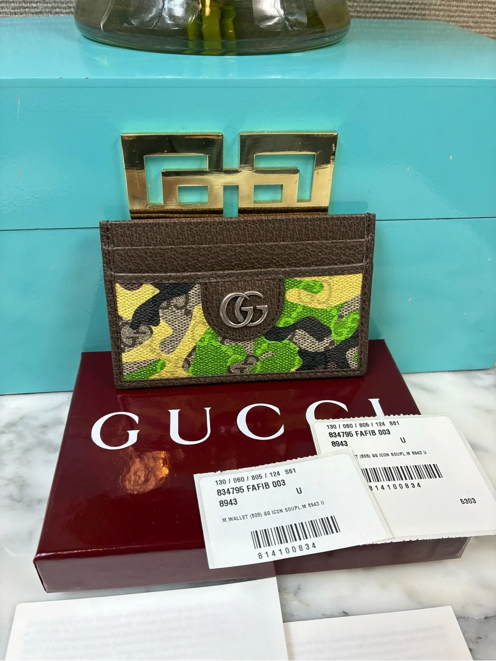 Gucci Camouflage Green and Yellow Canvas & Leather Card Case - NWT & Box
